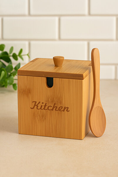 PERLAEVKAHVE Multi-Purpose Spice and Salt Container with Bamboo Lid and Spoon – Kitchen Written on It