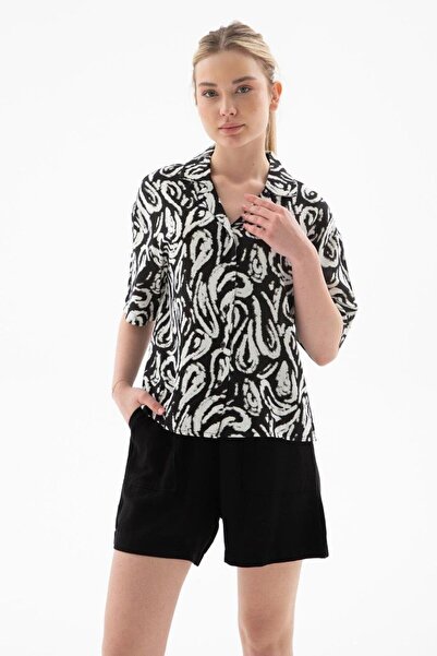 Nazen Giyim Patterned Short Sleeve Black Women's Shirt 0240-2Y5