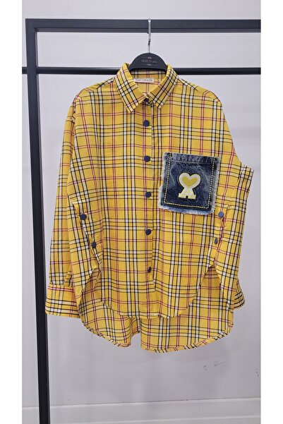 Hatun Atila Denim Heart Patched and Button Detailed Oversized Plaid Shirt 8599 - Yellow