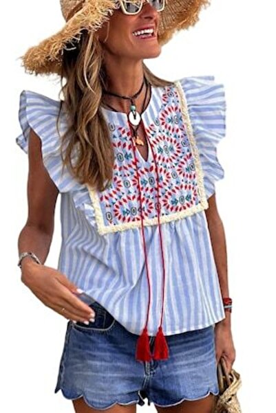 OEM Embroidered Blouse with Blue Stripes and Red Tassels, Size L