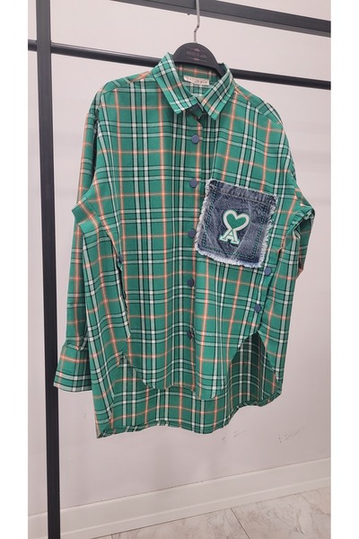 Hatun Atila Denim Heart Patched and Button Detailed Oversized Plaid Shirt 8599 - Green