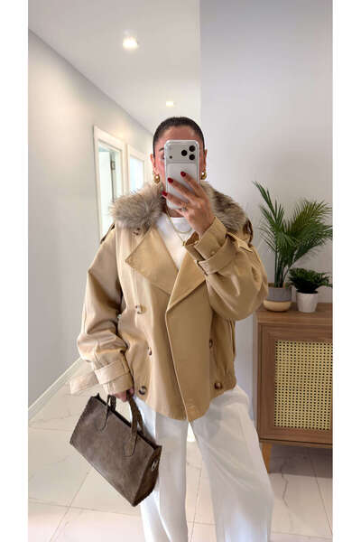 BİRCANÇİL Elisa Mink Collar Fur Detailed Trench Coat