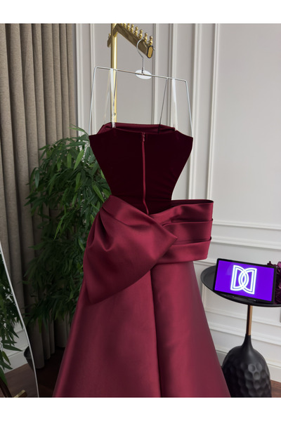Generic Luxurious wool and Mikado evening gown - strapless design with a large bow - a regal look in a sophisticated burgundy color