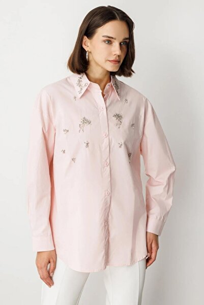 Nazen Giyim Taş Detaylı Pembe Kadın Gömlek 50366-2Y5