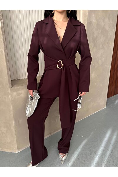 MYGİYİMİSTANBUL Blazer Jacket Wide Leg Pants Set with a Wide Fabric Belt Tied at the Waist