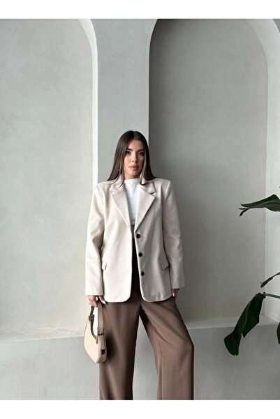 By Merve Darende Krem Premium Kaşe Blazer Ceket