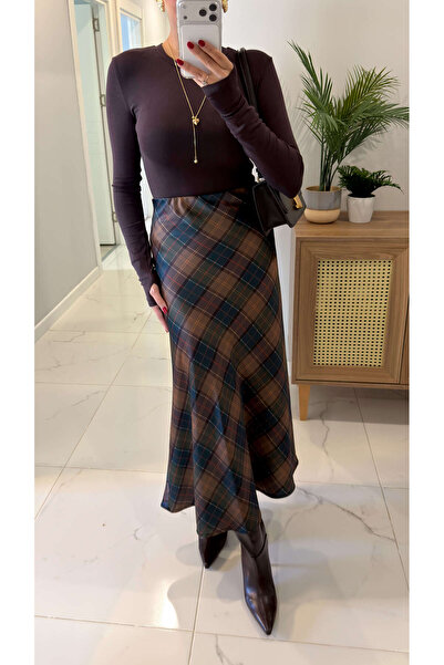 BİRCANÇİL Yesilla Multicolored Plaid Satin Skirt