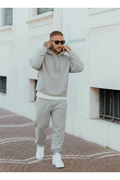 YAKAMEL طقم بدلة رياضية رجالي بقلنسوة كبيرة الحجم مصنوع من 3 خيوط