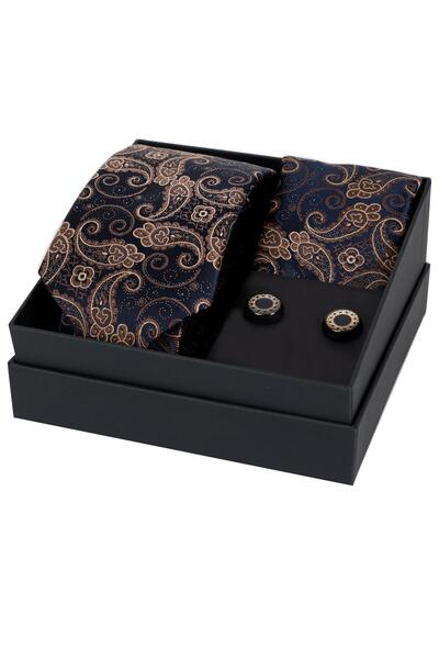 Esgue 8 cm Hand Made Navy Blue Beige Shawl Pattern Tie Handkerchief & Cufflin...