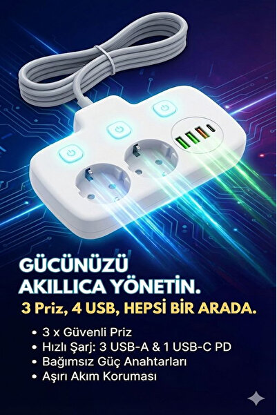 sonx Akım Korumalı 2500W Güçlü 3 USB + Type-C Portlu Çoklu Priz | Hızlı Şarj, Çocuk Kilidi, 2 METRE
