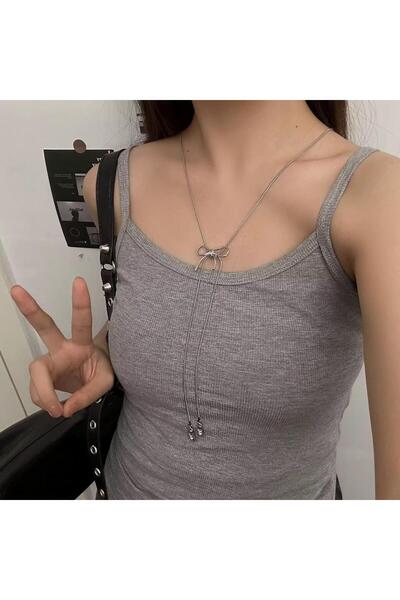 BEREN KILIÇ Silver Asansörlü Ayarlanabilir Uzun Kurdele Kolye Çelik Kolye