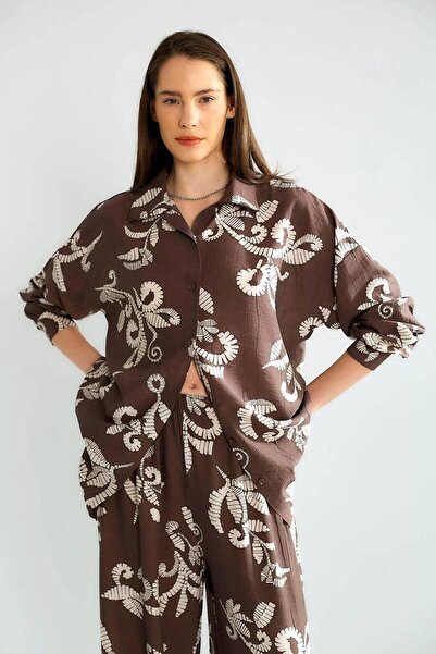 Nazen Giyim Patterned Casual Brown Women's Set M38089-2Y5