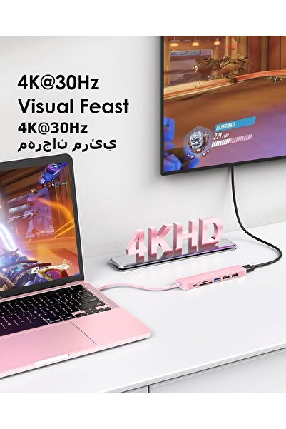 LENTION USB C Hub with 100W Charging, 4K HDMI, Dual Card Reader, USB 3.0 & 2.0 (CB-CE18, Rose Gold)