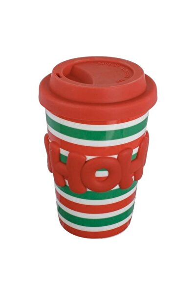 OEM Christmas Porcelain Cup with Striped HO HO Pattern & Silicone Lid, 450ml