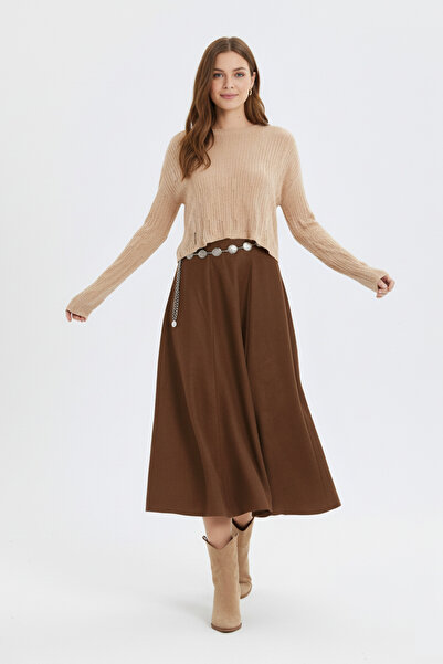 Clandestino Suede A-Line Midi Skirt Brown