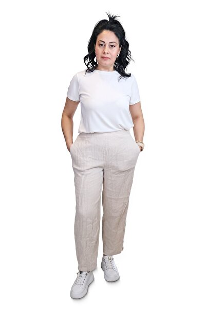 Blues Outlet Women's Elastic Waist Broad Leg Gofre Brand Pants-Cream