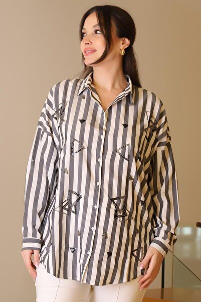 Nazen Giyim Striped beaded gray white women's shirt 4107-2y5
