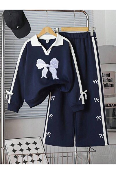 Machetta بدلة رياضية للأطفال بياقة بيضاء وربطة عنق مطبوع بأكمام طويلة