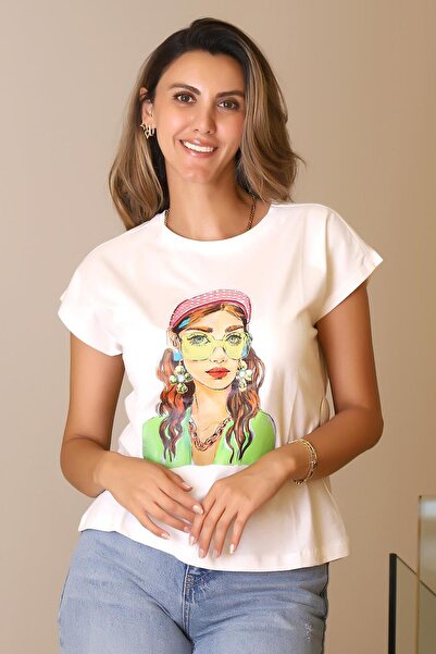 Nazen Giyim Girls Printed Ecru Short Sleeve Women's T-Shirt 27419-2Y5