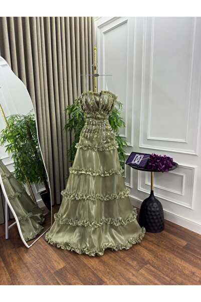 Generic Gazar sequined evening gown - embroidered trim with 3D roses - romantic layered design in olive green