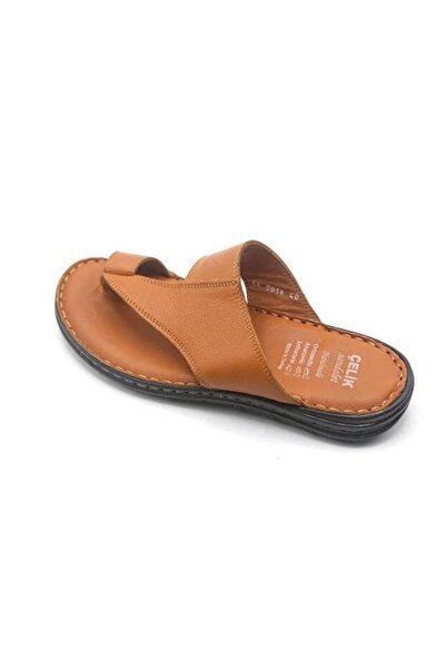 Çelik 0016 Genuine Leather Flip Flops Taba