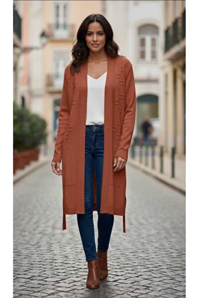 güncüoğlu Long Sleeve Embroidered Front and Sleeves One Size Length 85cm Thin Cardigan with Belt