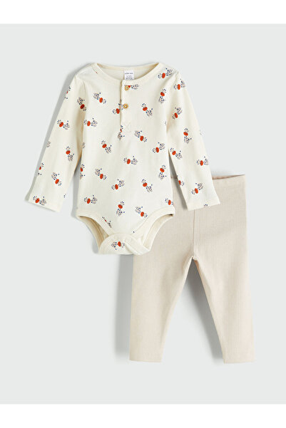 LC Waikiki Baby Ekru Printed Baby Boy Snap Fastener Bodysuit and Tights 2-Pack