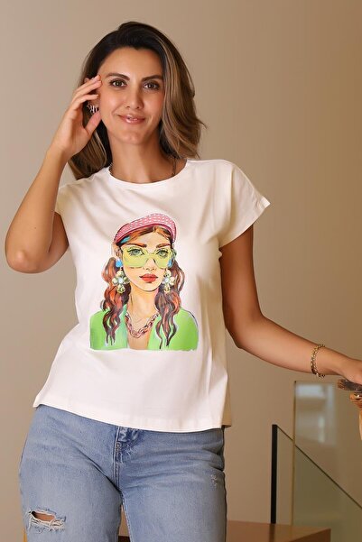 Nazen Giyim Girls Printed Ecru Short Sleeve Women's T-Shirt 27419-2Y5