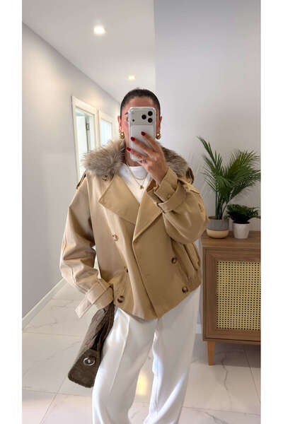 BİRCANÇİL Elisa Mink Collar Fur Detailed Trench Coat