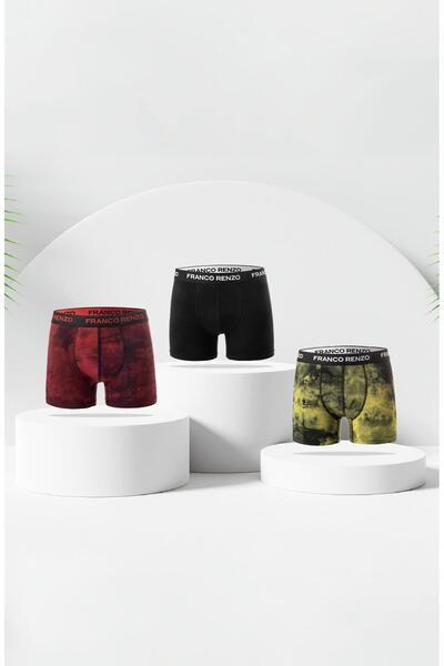 FRANCO RENZO Stretch Fabric 3-Pack Premium Cotton Men's Boxers - Black - Yellow - Claret Red