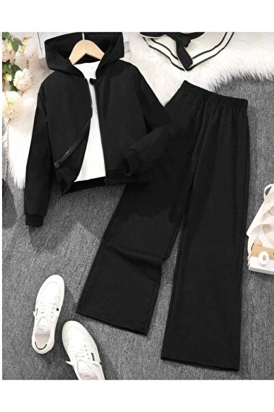 buendiakids Unisex Çocuk Siyah 3 İplik Kapüşonlu Fermuarlı Sweatshirt-Bol Eşo...