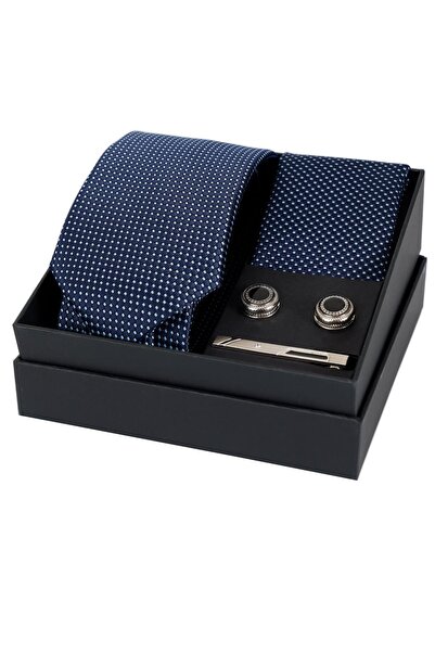 Esgue مجموعة هدايا مكونة من منديل ربطة عنق مصنوع يدويًا باللون الأزرق الداكن مقاس 8 سم وأزرار أكمام ومشبك ربطة عنق H