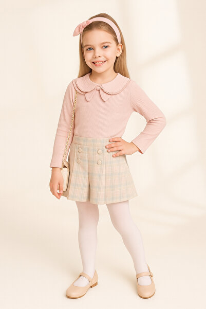 AHENGİM Girl's Ruffle Collar Blouse & Plaid Shorts Skirt 2-Piece Set Ak4155