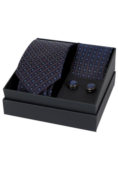 Esgue Σετ δώρου με μαντήλι και μανικετόκουμπα με μοτίβο σε μπλε καφέ χρώμα 8 εκατοστών HSET:117