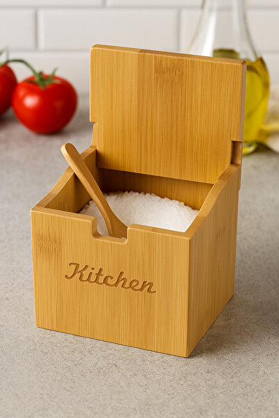 PERLAEVKAHVE Multi-Purpose Spice and Salt Container with Bamboo Lid and Spoon – Kitchen Written on It