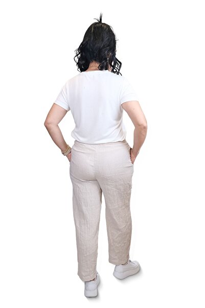 Blues Outlet Women's Elastic Waist Broad Leg Gofre Brand Pants-Cream