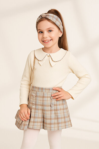 AHENGİM Girl's Ruffle Collar Blouse & Plaid Shorts Skirt 2-Piece Set Ak4155