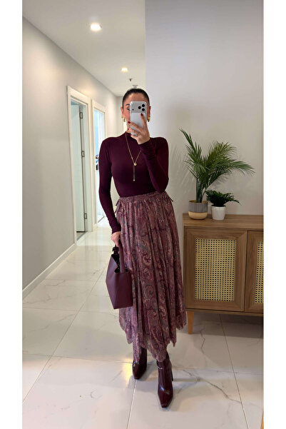 BİRCANÇİL Wiosta Burgundy Patterned Skirt