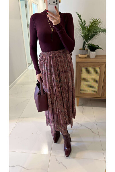 BİRCANÇİL Wiosta Burgundy Patterned Skirt