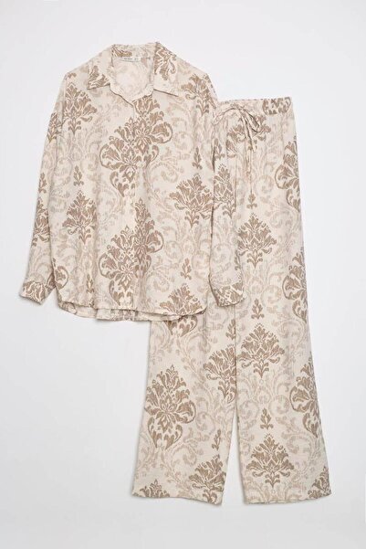 Nazen Giyim Patterned Long Sleeve Mink Shirt Pants Women's Set M38589-2Y5