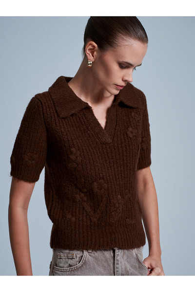 Dilvin 10829 Pulover cu mânecă scurtă brodat - maro