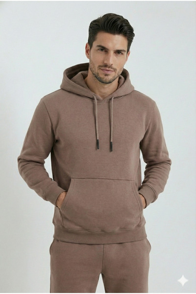 OXVİN Φούτερ με κουκούλα καφέ Kangaroo (με βαμβακερή επένδυση)