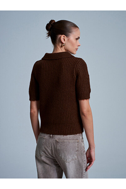 Dilvin 10829 Pulover cu mânecă scurtă brodat - maro