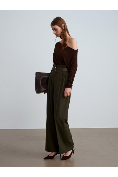 Dilvin 72219 Beli Lastikli Kemerli Kumaş Pantolon-Haki