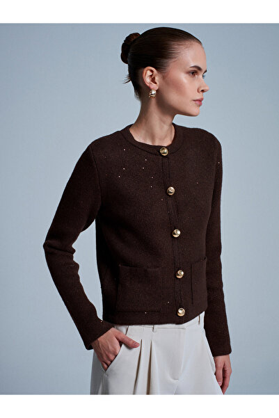 Dilvin 60935 Pocket Detailed Glitter Knitwear Cardigan-Brown