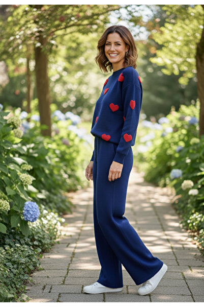 YusGos Women's Long Sleeve Heart Pattern Crew Neck Knitwear Sweater Pants Set