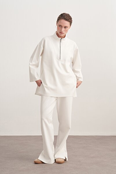 EBU Prive Women's Interlock Side Slit Palazzo Pants Ecru