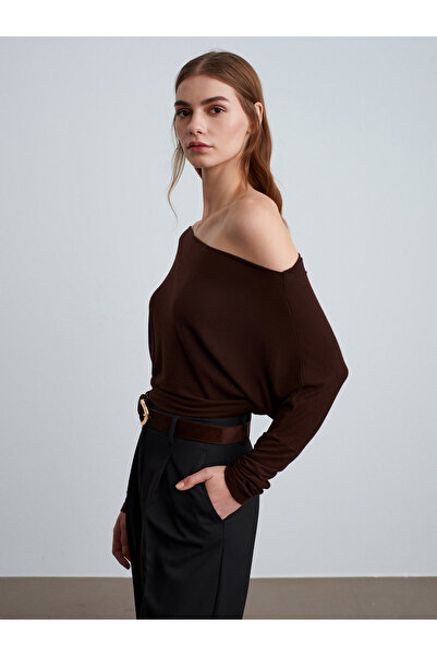 Dilvin 32312 Wool Blend One Shoulder Top-Dark Brown