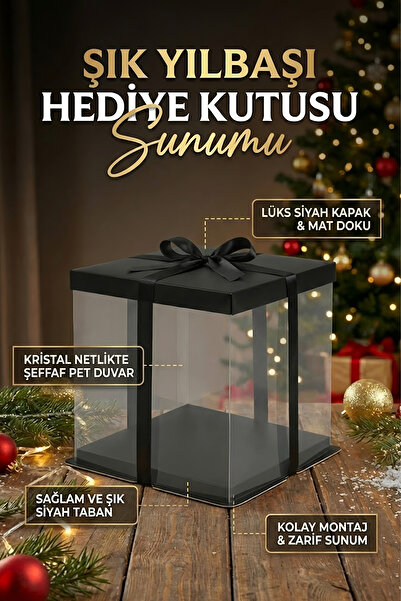 Alvenya Siyah Yılbaşı İçin Şeffaf Hediye Kutusu Lüks Sunum Kutusu (33.5x33.5x...
