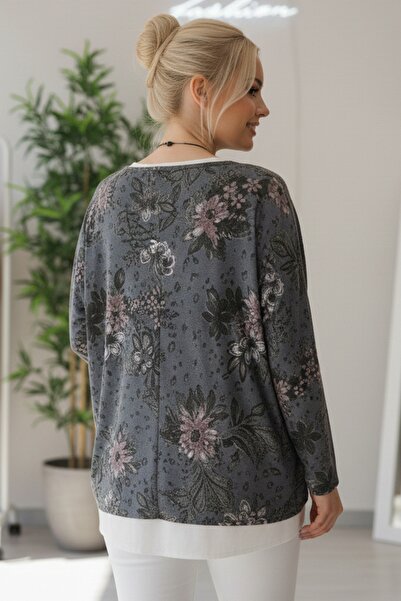 Chiccy Italian Anthracite Pool Neck Long Sleeve Patterned Thin Two-Piece Set Sleeveless Combed Cotton Knitwear Blouse 70 60